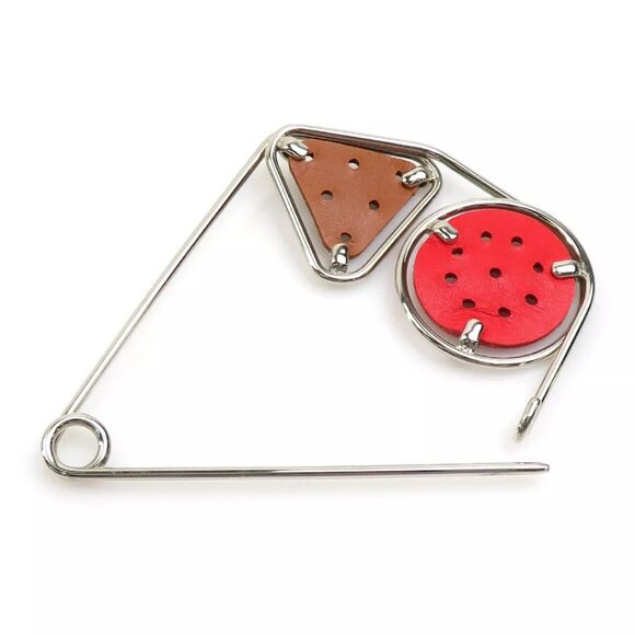 Auth LOEWE Brooch Red/Brown/Silver Leather/Metal - Picture 9 of 10
